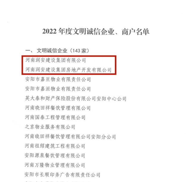 喜報丨集團及地產(chǎn)公司均榮獲“安陽(yáng)市2022年度文明誠信企業(yè)”榮譽(yù)稱(chēng)號