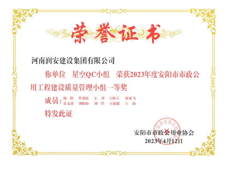 2023年度安陽(yáng)市市政公用工程建設質(zhì)量管理小組一等獎