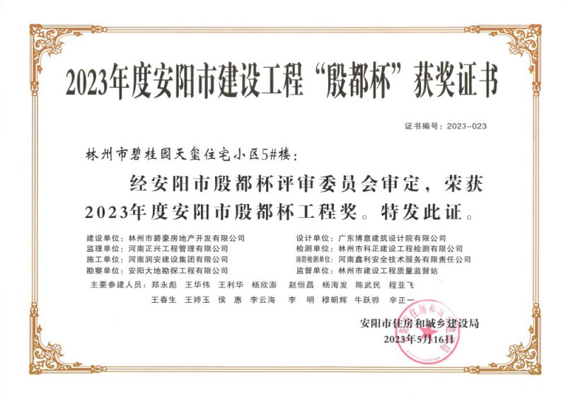 2023年度安陽(yáng)市建設工程“殷都杯”獲獎證書(shū)-5#